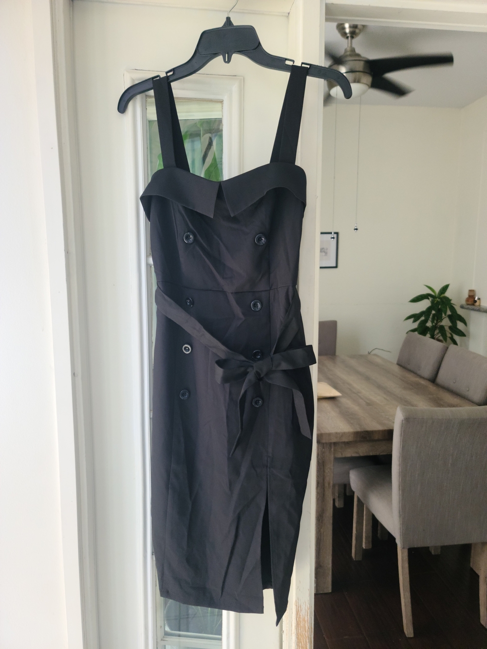 FAVLUX Black Double-Breasted Sleeveless Midi Dress with Waist Tie
